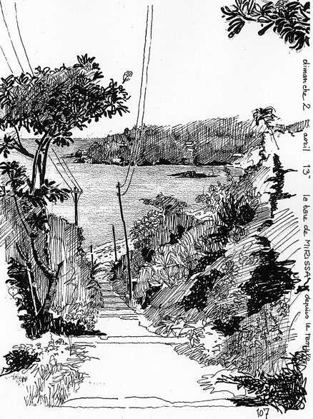 la baie de Mirissa, dessin de Bernard Mauric